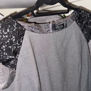 Tahari - Arthur S. Levine grey suit dress with black lace cap sleeves, size 10P